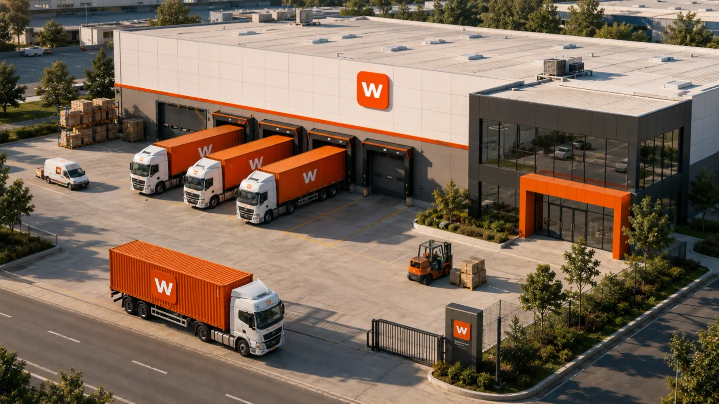 Wazayn logistics facility with its orange transport fleet and brand identity